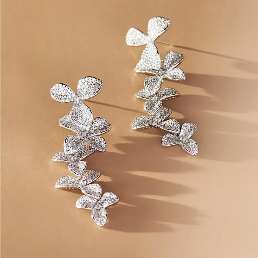 NEW ~ Anthropologie Shashi Cascading Pave Crystal Flower "Liz" Drop Earrings - Picture 2 of 12